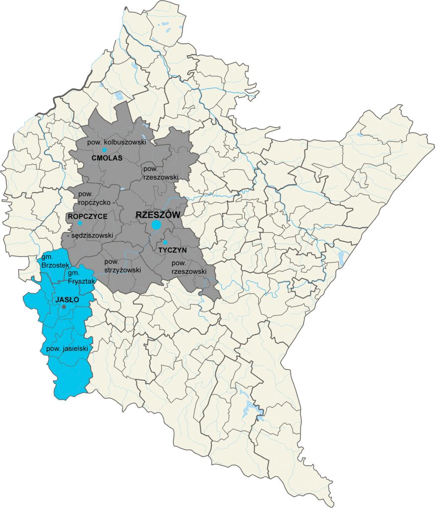 Mapa województwa podkarpackiego z zaznaczonymi wypożyczalniami oraz obszarem działania